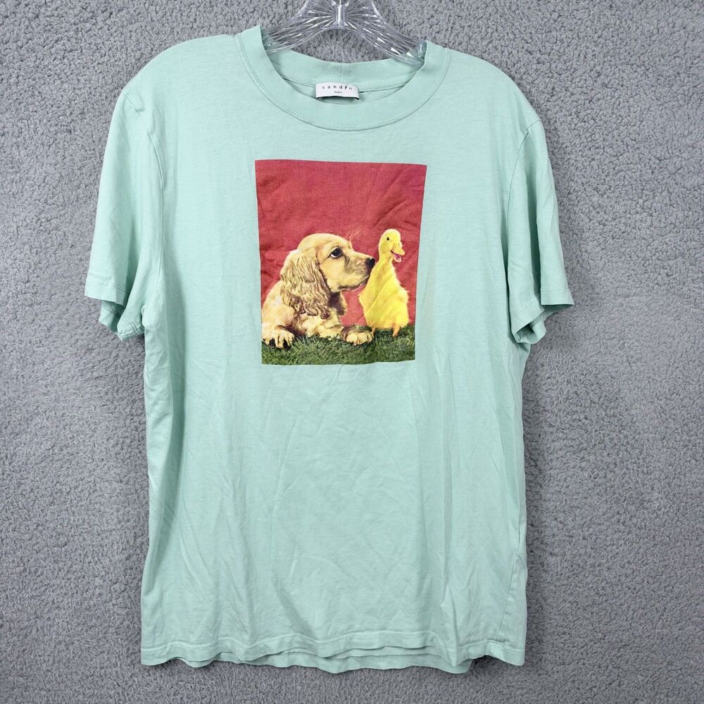 Sandro Paris T-shirt Mens Green Graphic Print Puppy &  Duckling Size Medium